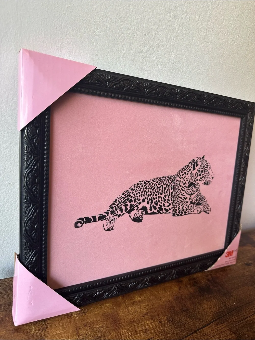 Pink Leopard Wall Art Ornate Black Frame Velvety Soft Finish 3M Stick Mount NWT